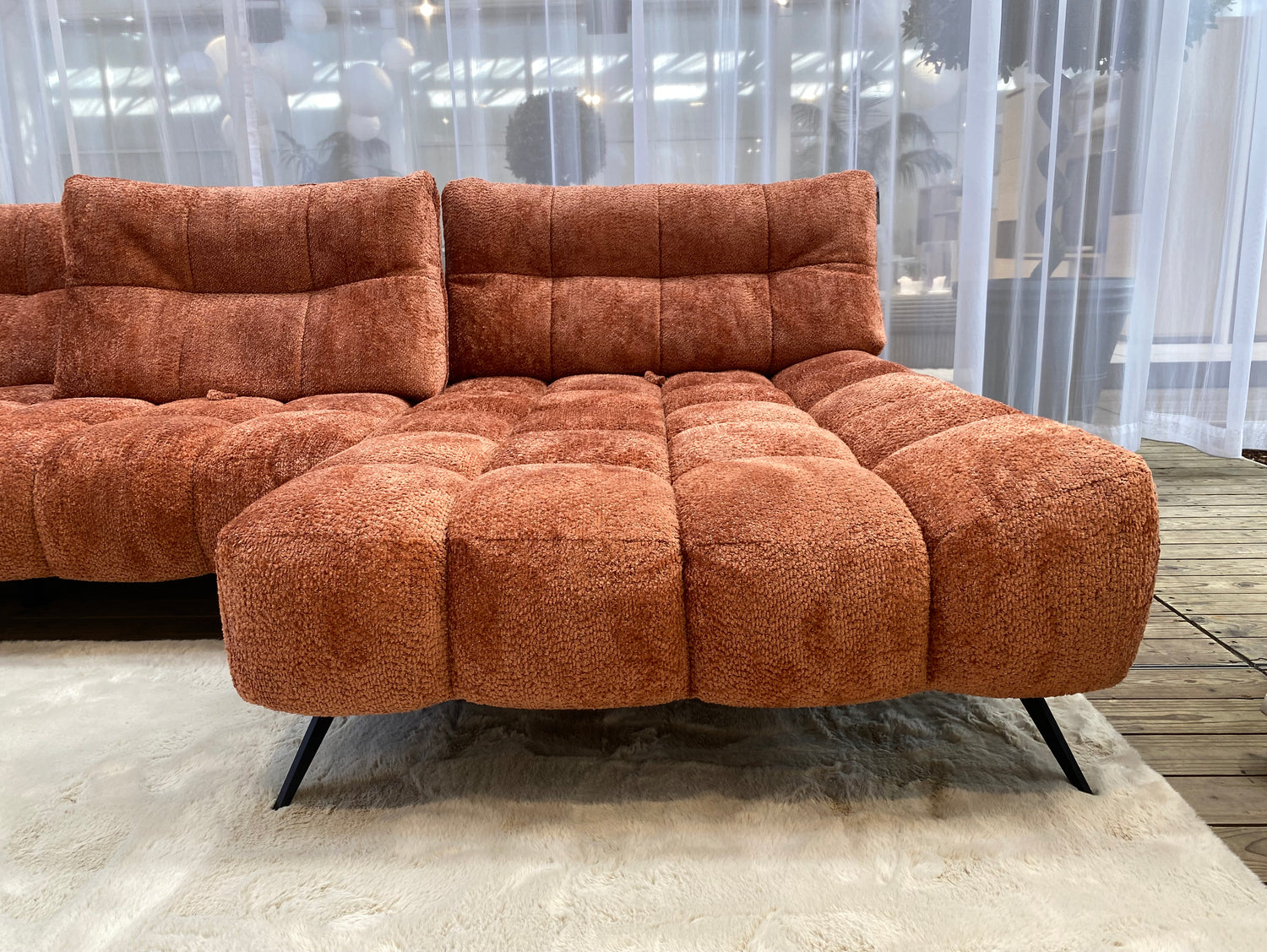 canapé d'angle avance recule en tissu bouclette terracotta