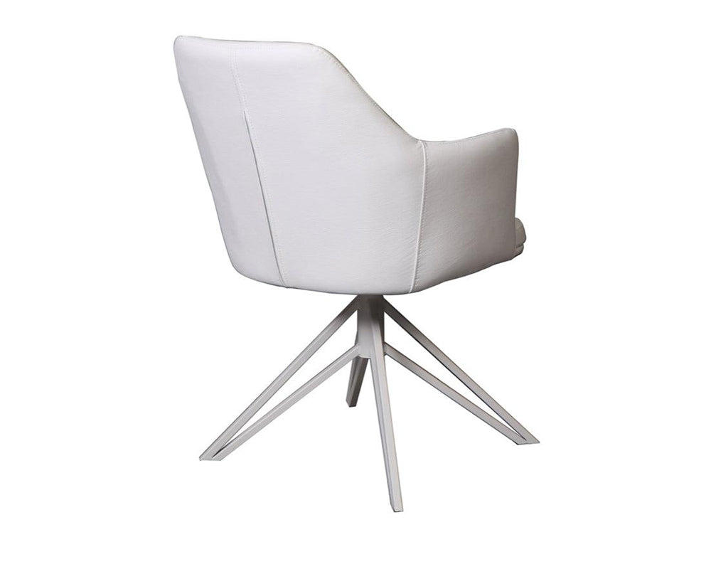 Fauteuil de table pivotant Christy – vue 3/4 arrière – simili cuir blanc – pieds métal blanc