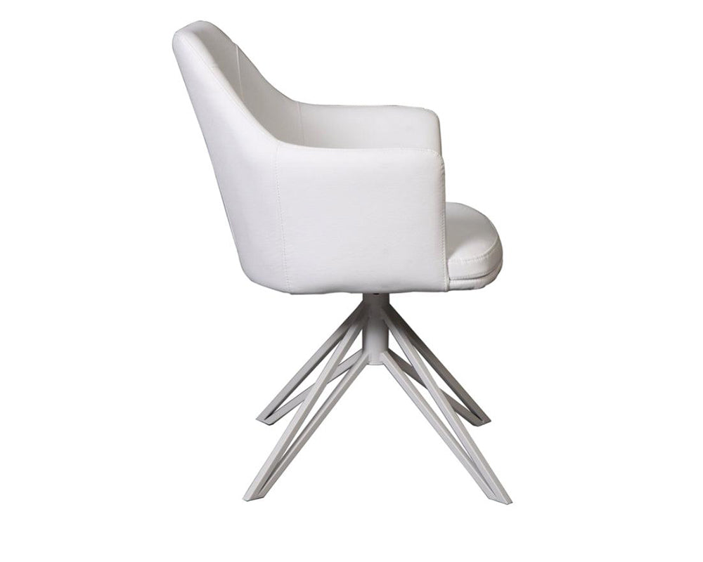 Fauteuil de table pivotant Christy – vue de profil – simili cuir blanc – pieds métal blanc