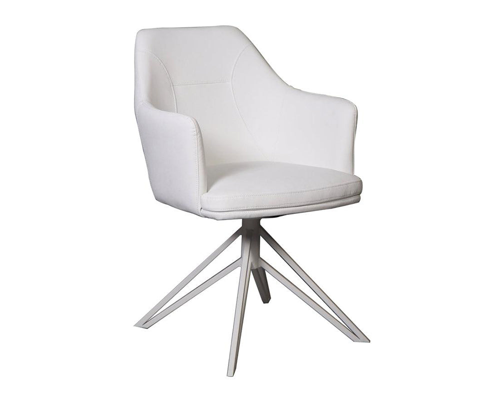 Fauteuil de table pivotant Christy – vue 3/4 – simili cuir blanc – pieds métal blanc