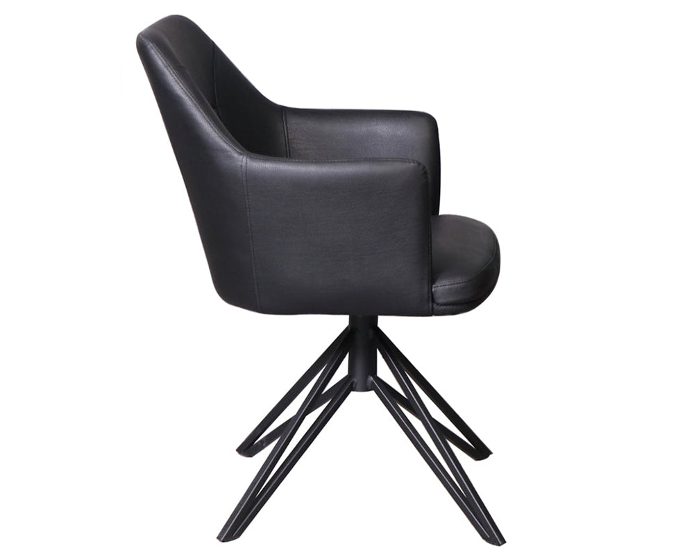 Fauteuil de table pivotant Christy – vue de profil – simili cuir noir – pieds métal noir