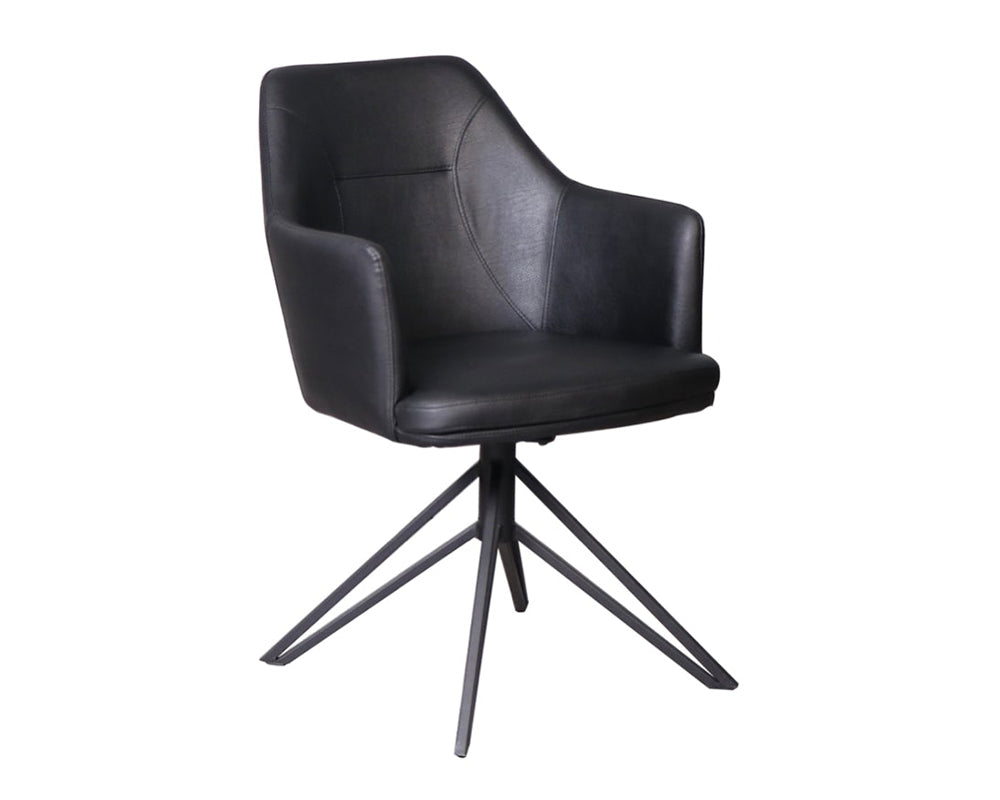 Fauteuil de table pivotant Christy – vue 3/4 – simili cuir noir – pieds métal noir