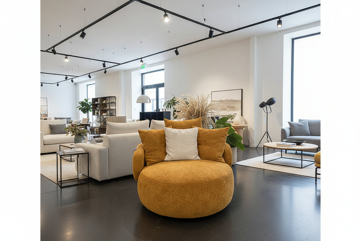 Fauteuil Popy en situation – en showroom – velours terracotta