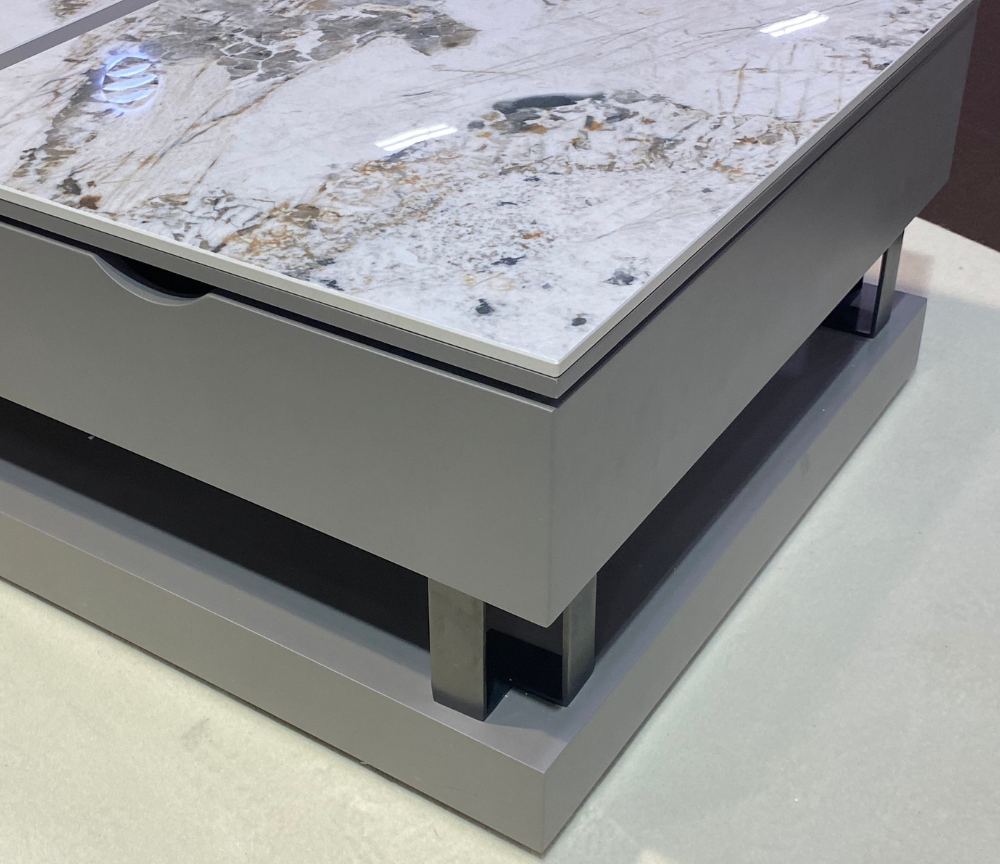 Torino table basse plateau relevable céramique effet marbre – zoom plateau et structure roulettes