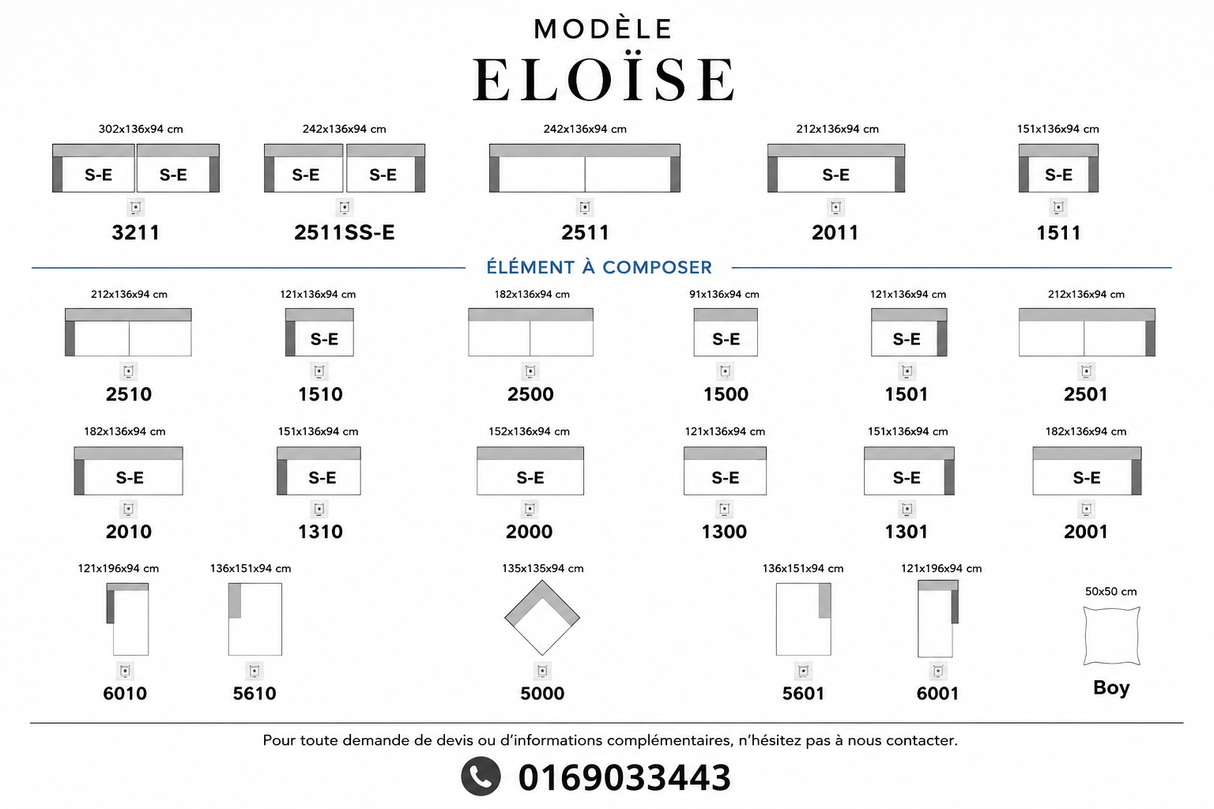 Schéma des modules et configurations du canapé Éloïse assises coulissantes électriques – 4 formats disponibles