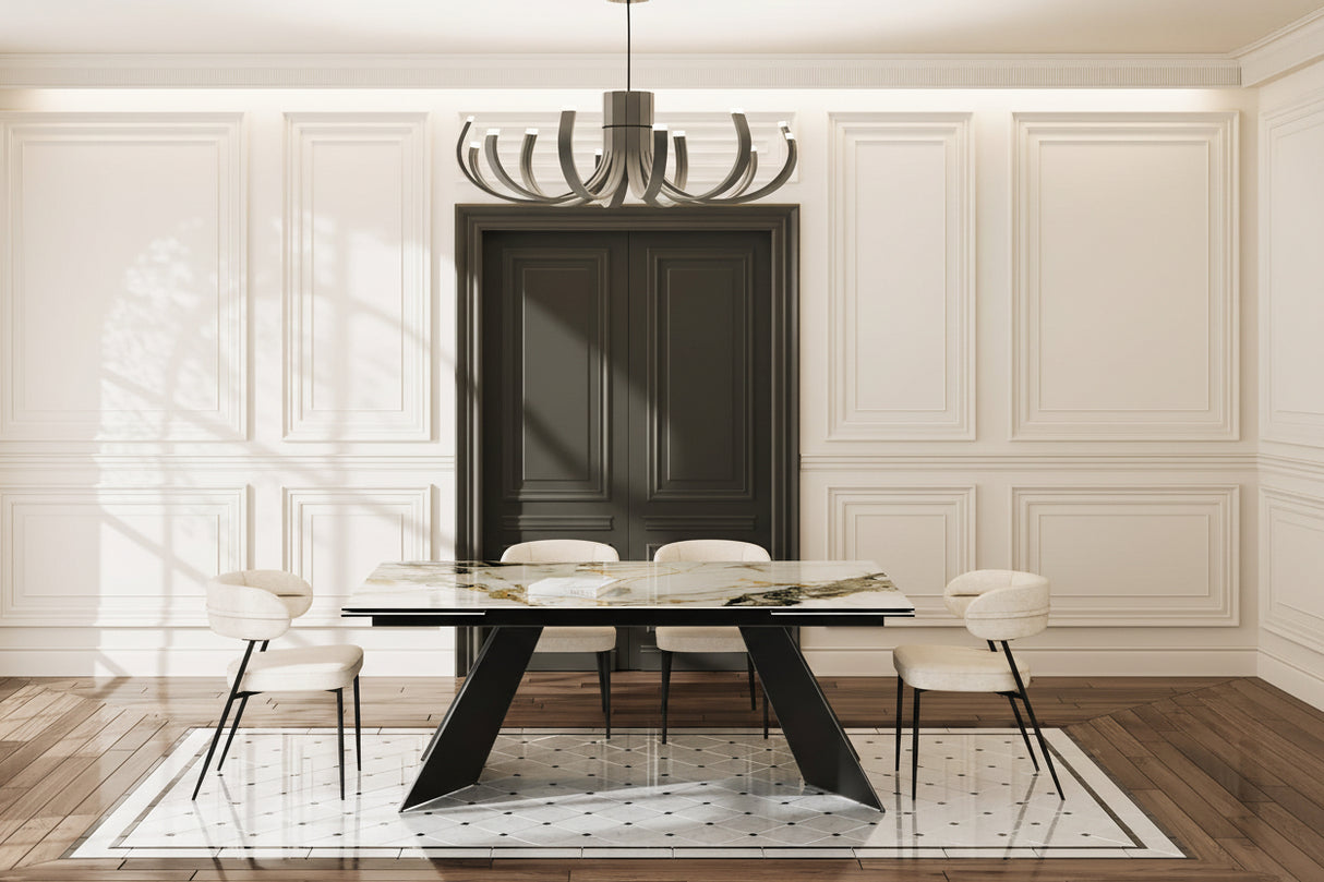 table extensible céramique marbre en position fermé dans un salon contemporain