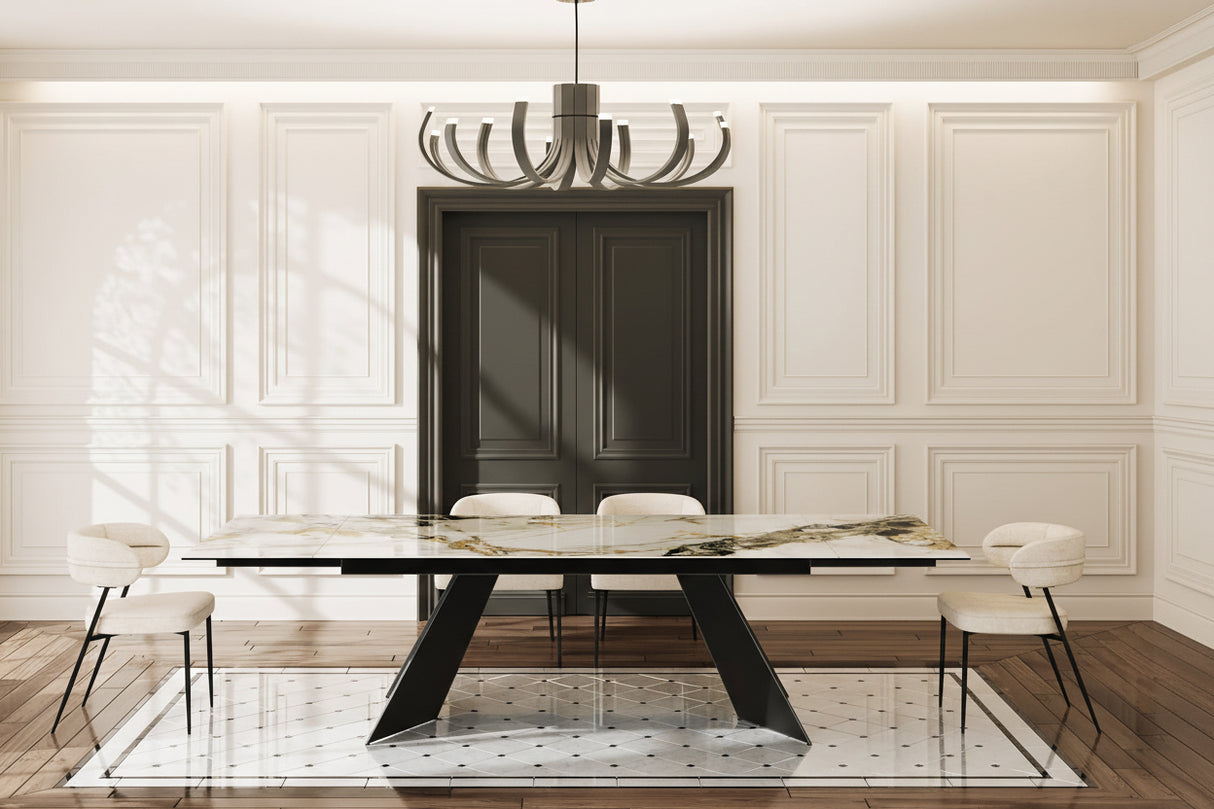 table extensible céramique marbre en position ouverte dans un salon contemporain - Akante