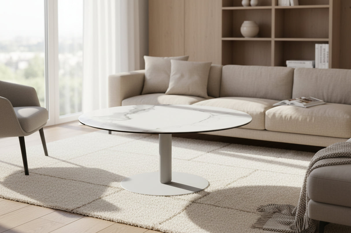 Table basse relevable Dorlan - vue face - céramique marbre blanc