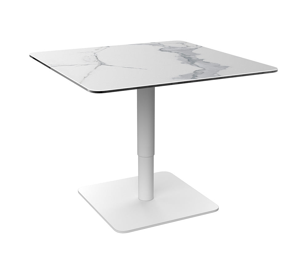 Table relevable Dorlan – plateau relevé – céramique marbre blanc carré - pied acier blanc