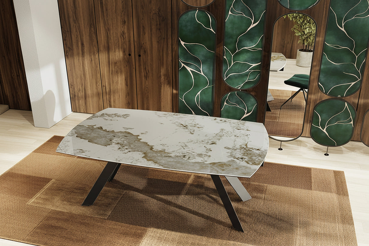 Missouri table extensible céramique 6 mm forme tonneau – vue d'ensemble salle à manger, finition marbre