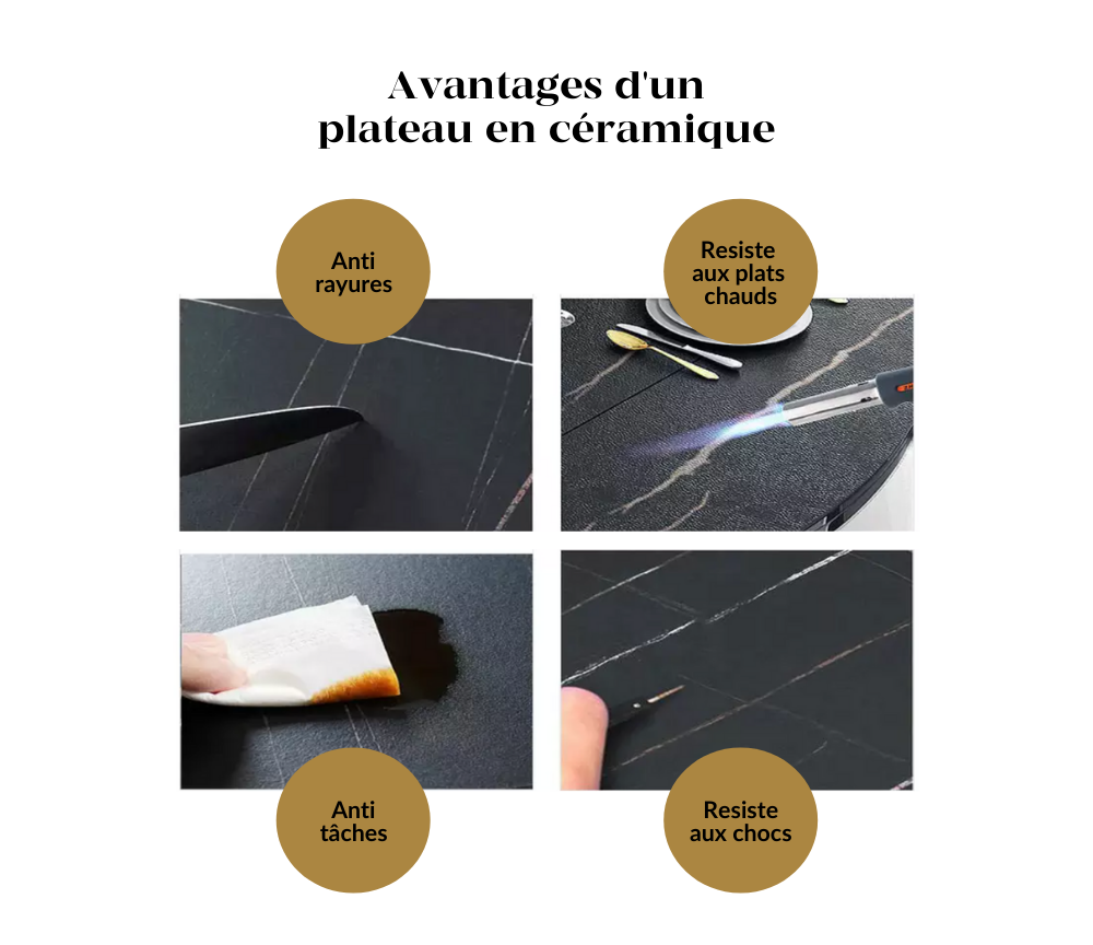 Avantages et caractéristiques du plateau en céramique marbre - résistant aux rayures, chaleur et taches