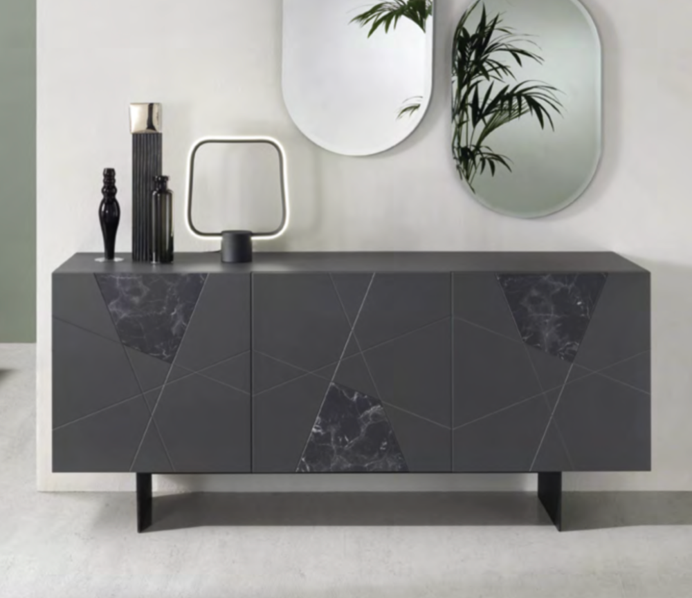Buffet bahut enfilade laque mat gris marbre et pieds métal - Adely