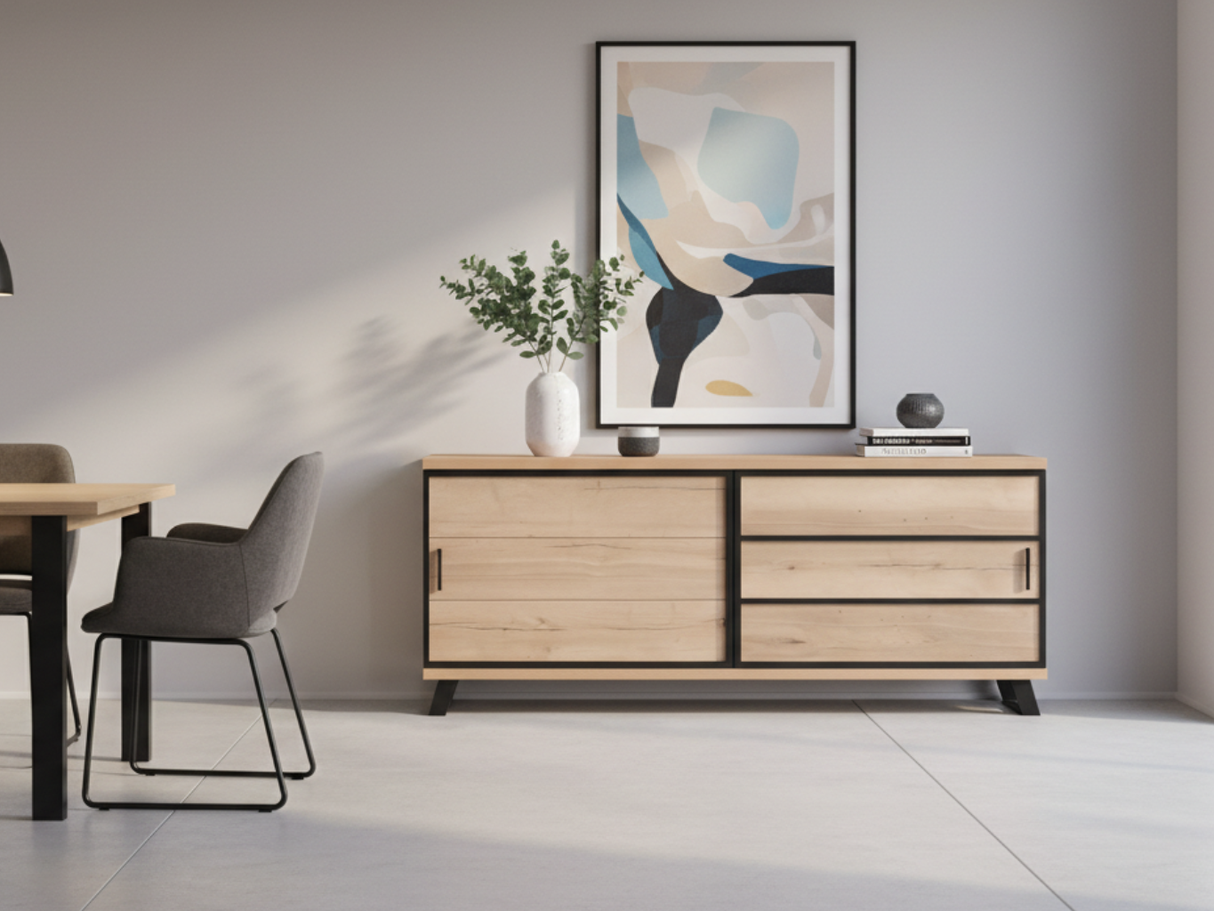 buffet bois naturel portes coulissantes en ambiance dans une salle a manger contemporaine