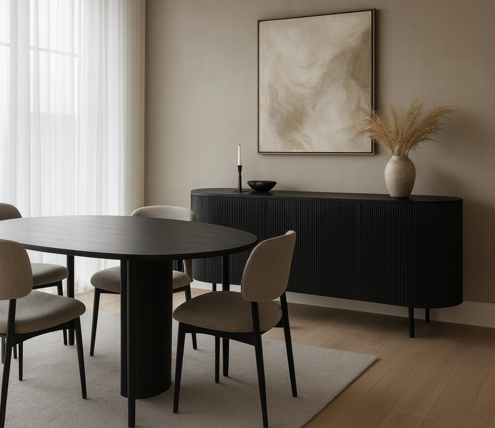 Buffet de salle à manger noir 4 portes dans une salle à manger contemporaine - Souffle d'intérieur