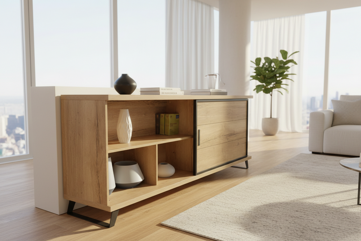 Buffet de salle à manger Rosa – coulissant – ouvert – bois naturel