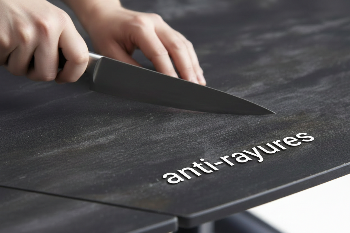 Céramique grise anti-rayure - main et couteau gros plan