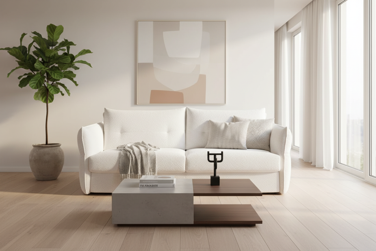 canapé convertible lit rapido couchage 140 tissu bouclette blanc