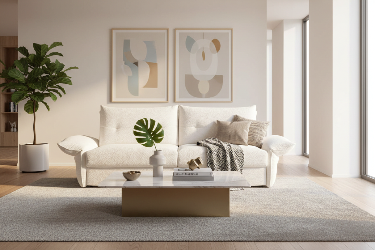 Canapé bouclette blanc vue de face dans salon contemporain