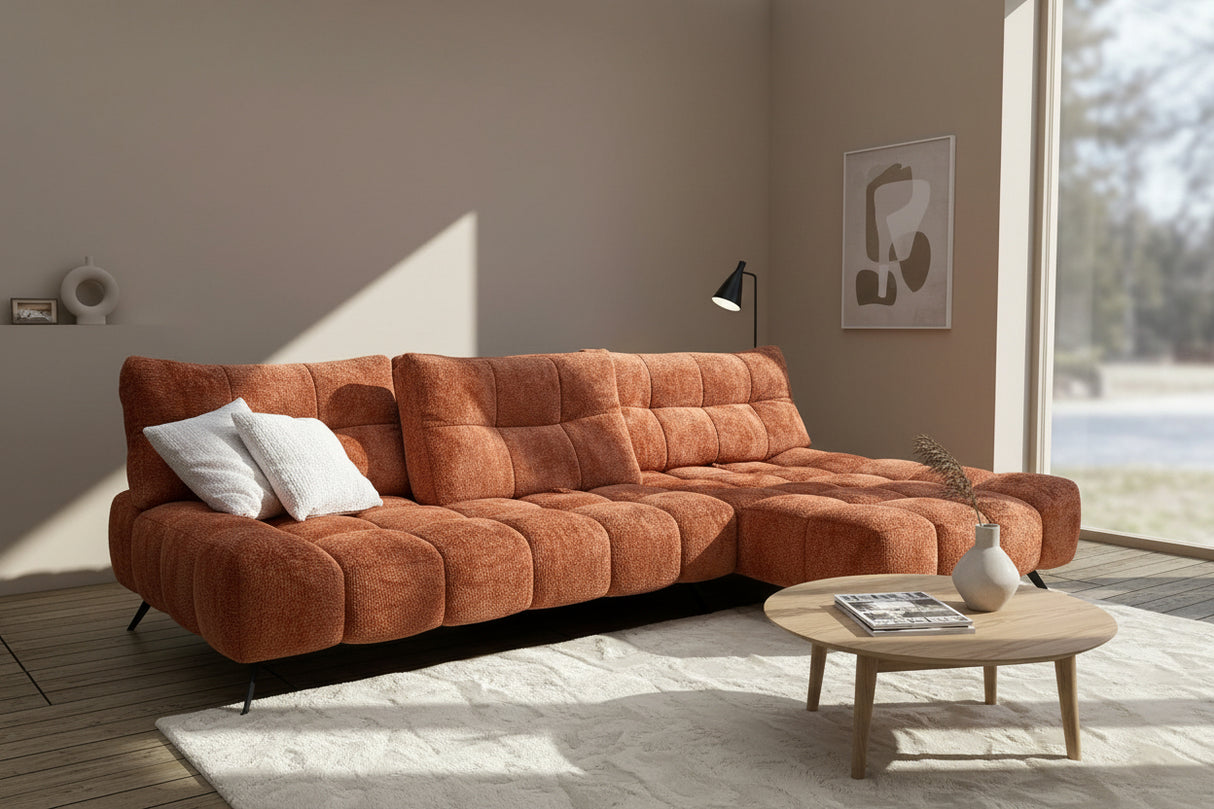 canapé d'angle avance recule en tissu bouclette terracotta au magasin de meuble en essonnes Souffle d'intérieur