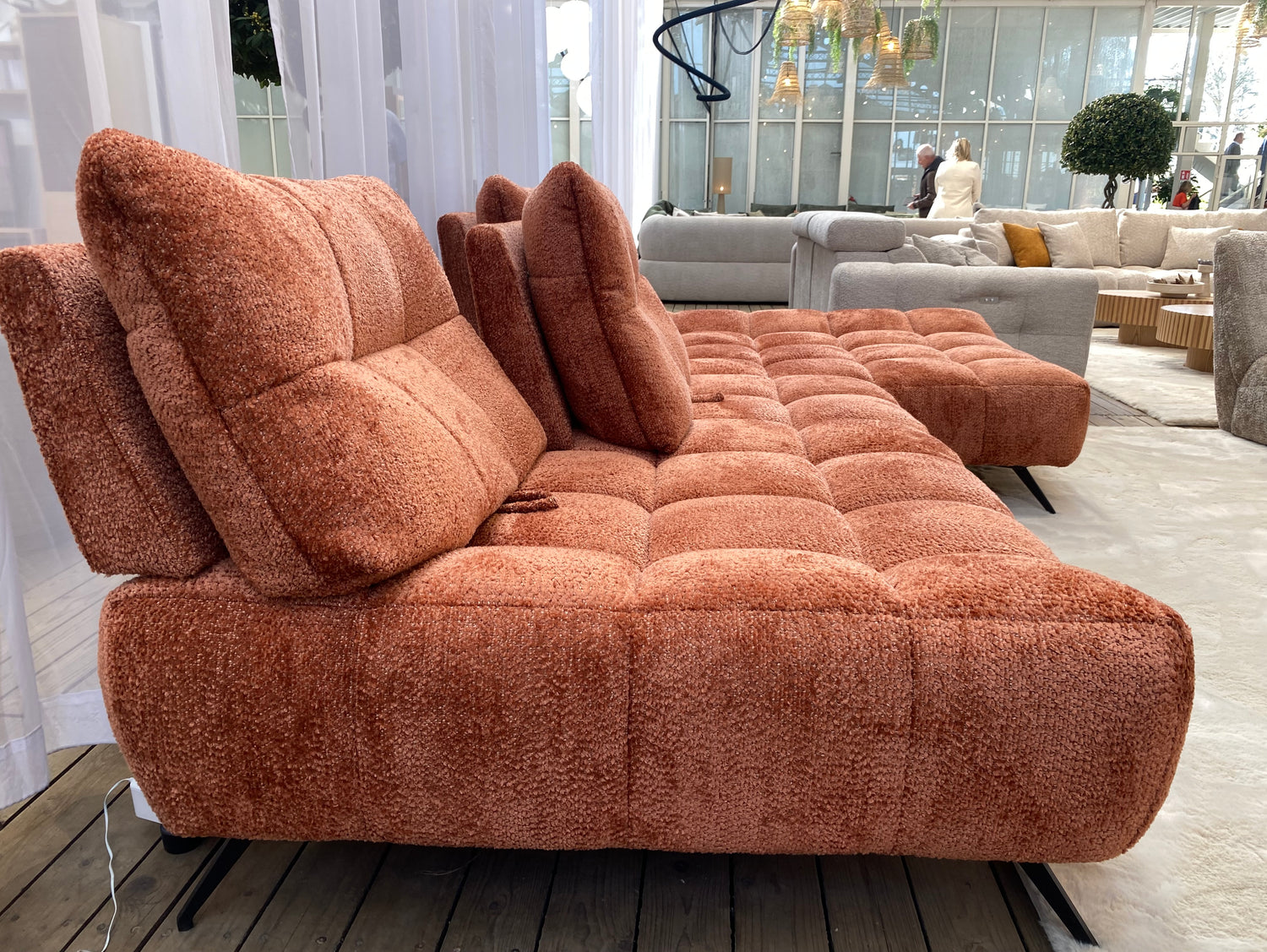 canapé d'angle avance recule en tissu bouclette terracotta