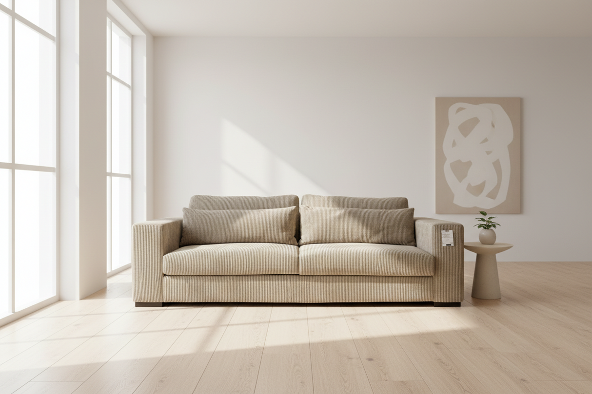 canapé 3 places beige velours cotelé - Souffle d'intérieur vue de face dans le magasin de canapé à Yerres - confort luxe