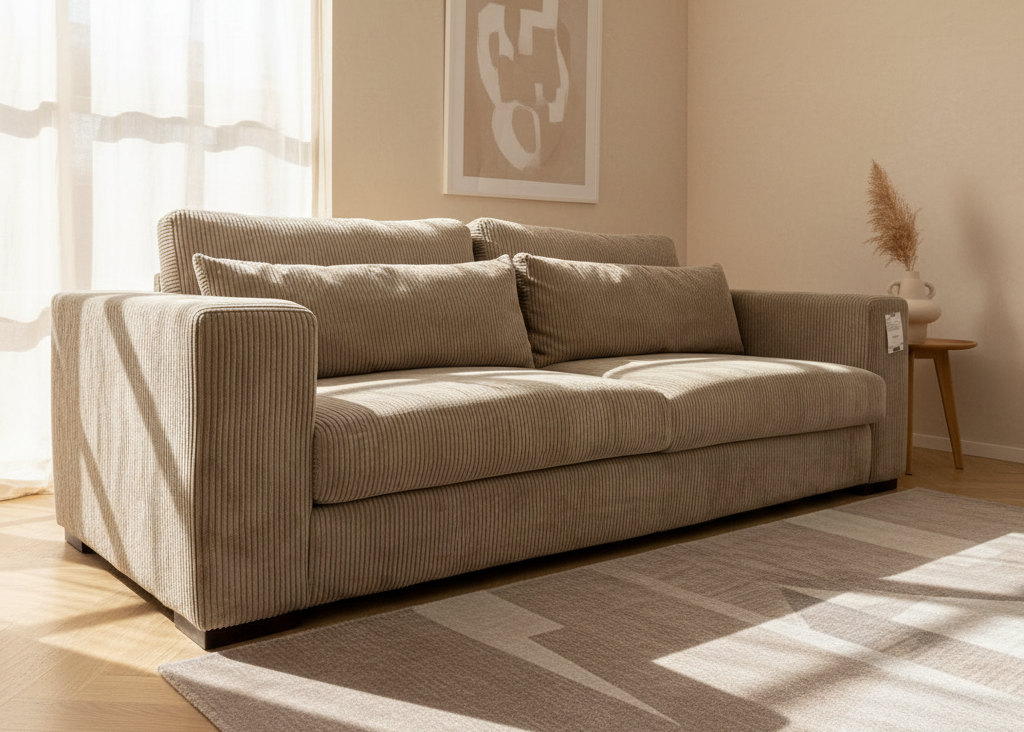 canapé 3 places beige velours cotelé - Souffle d'intérieur dans le magasin de meuble à Yerres - confort luxe - Ritz