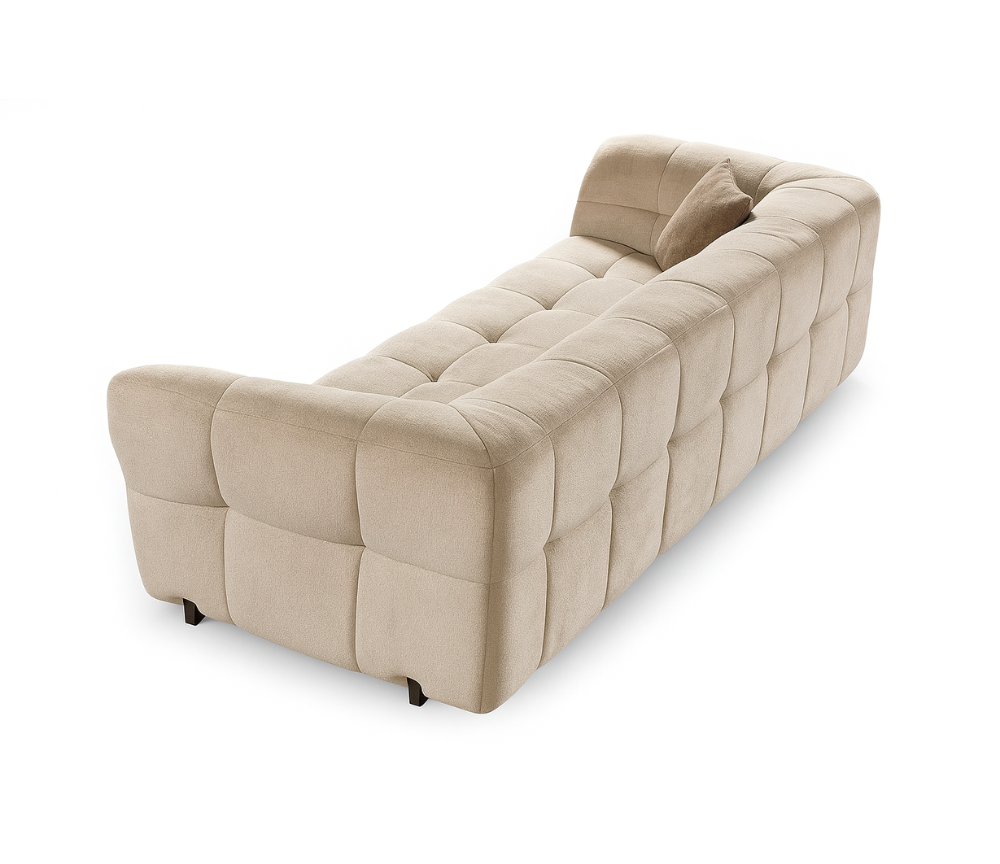 Canapé 3 places en tissu beige vue de dos sur fond blanc - Souffle d'intérieur