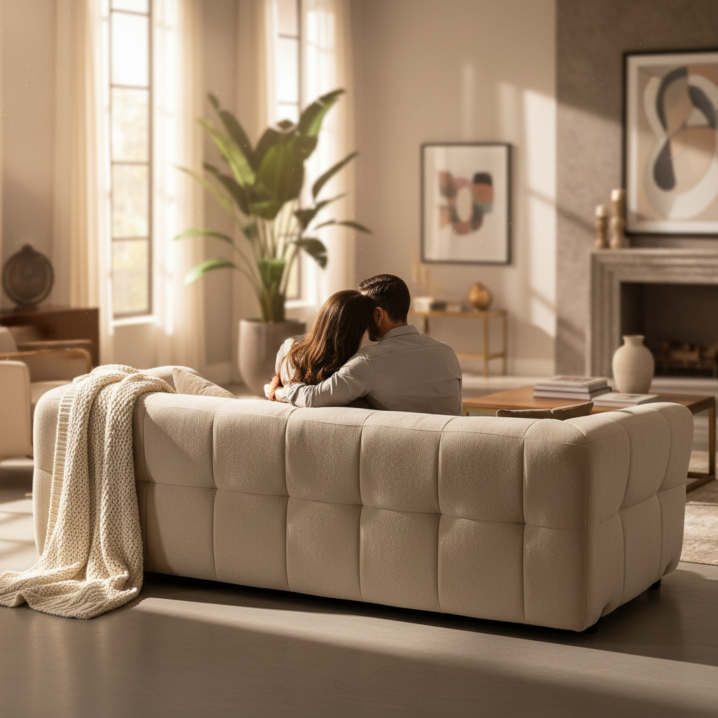 Canapé 3 places en tissu beige vue de dos sur fond blanc - Souffle d'intérieur