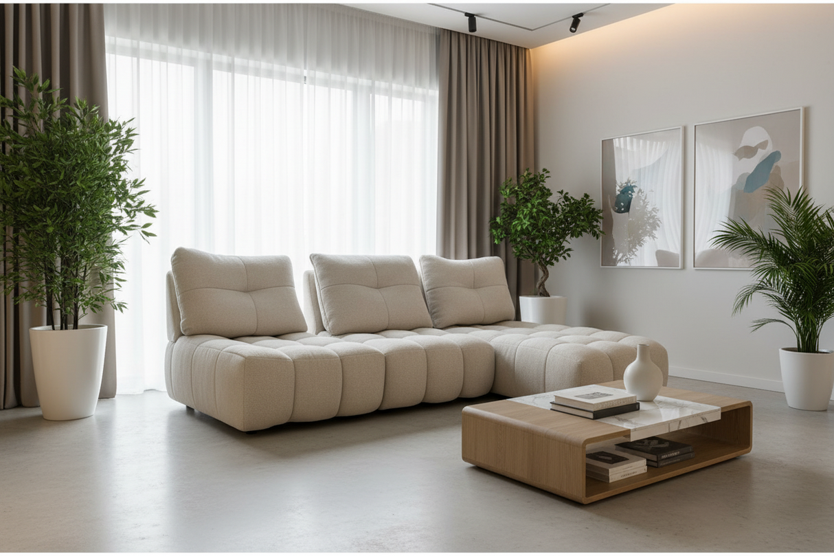 canapé d'angle beige dossiers avance recule dans le magasin de meubles a Yerres Souffle d'intérieur