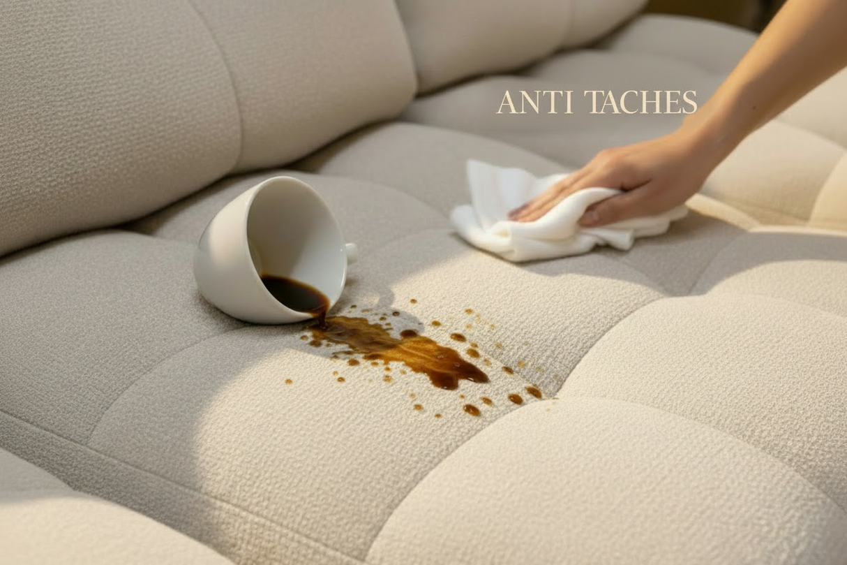 nettoyage du tissu anti taches d'un canapé d'angle avance recule beige