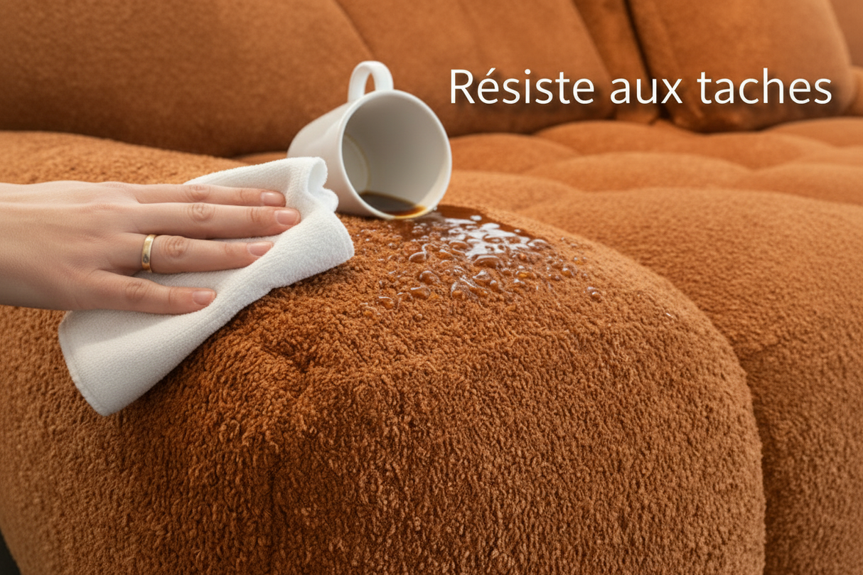 Zoom sur le tissu traité anti tâches d'un Canapé d’angle avec dossiers avance recule Terracotta - Souffle d'intérieur