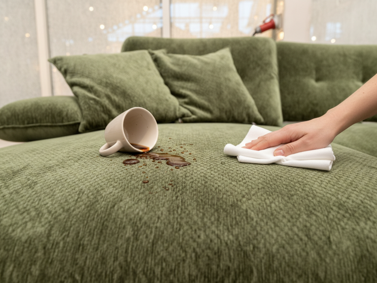 nettoyage du tissu anti tache de ce canapé d'angle avance recule vert