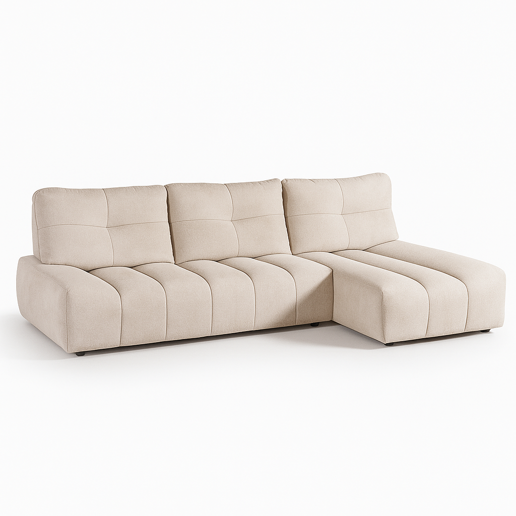 canapé d'angle méridienne beige sur un fond blanc vue de biais