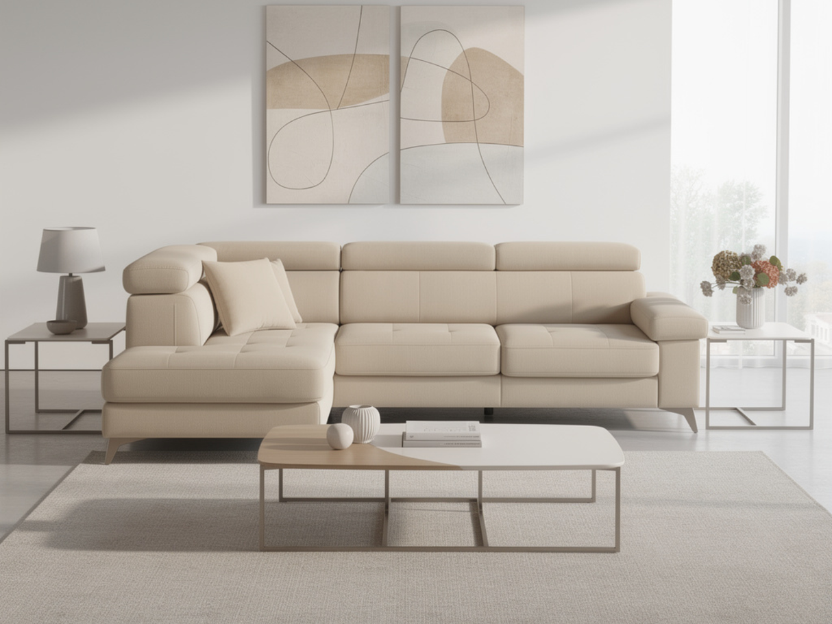 Canapé d’angle beige à assises coulissantes – Pola