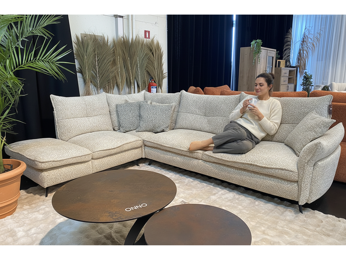 Beige fabric corner sofa 291x220 - Wildy