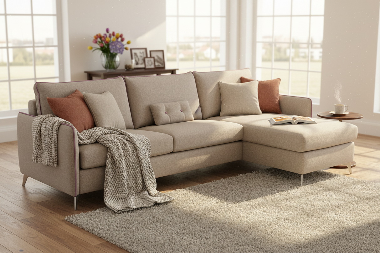 Canapé d'angle convertible Martin – vue de face – méridienne à droit – tissu beige – pieds bois wengé
