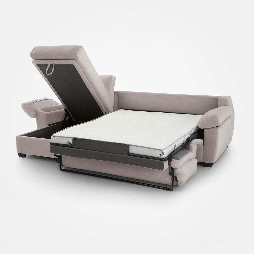 Canapé d’angle convertible Billy ouvert en position lit, couchage quotidien 140x190 cm avec matelas épais et structure robuste.