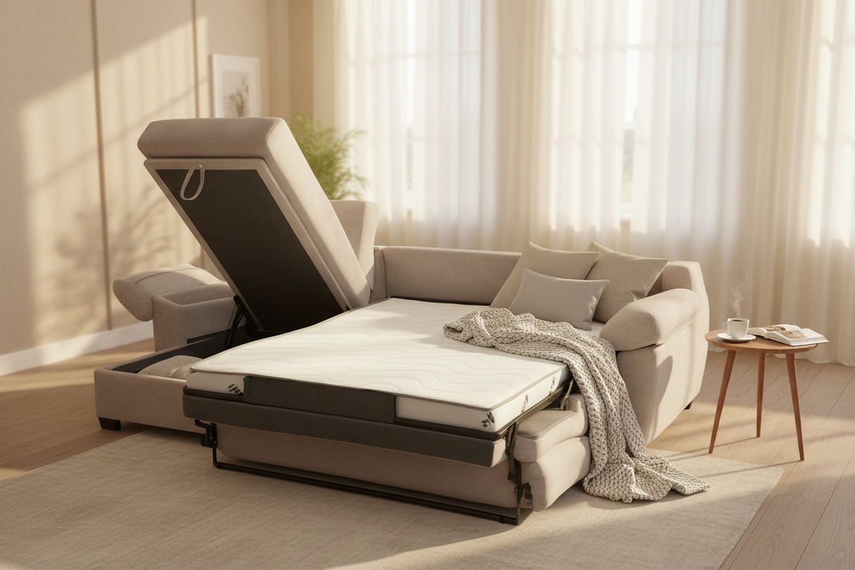 Canapé d’angle convertible BEIGE Billy ouvert en position lit, couchage quotidien 140x190 cm avec matelas épais et structure robuste.