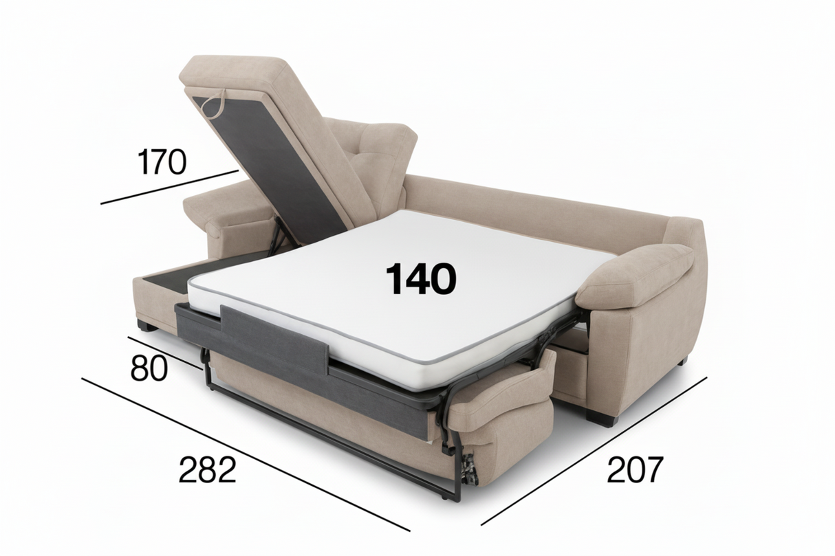 Canapé d'angle convertible Billy – méridienne avec coffre de rangement – système rapido – tissu gris