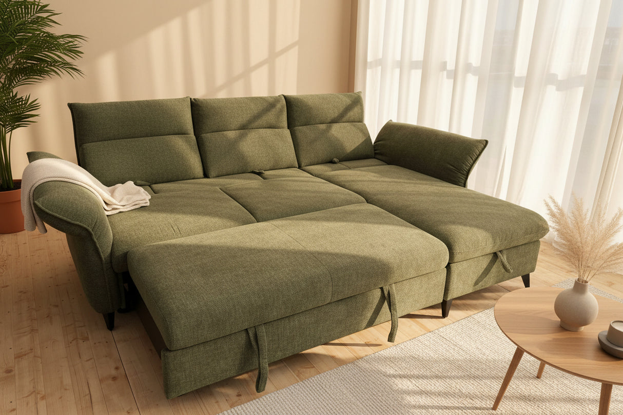 canapé d'angle convertible vert en tissu