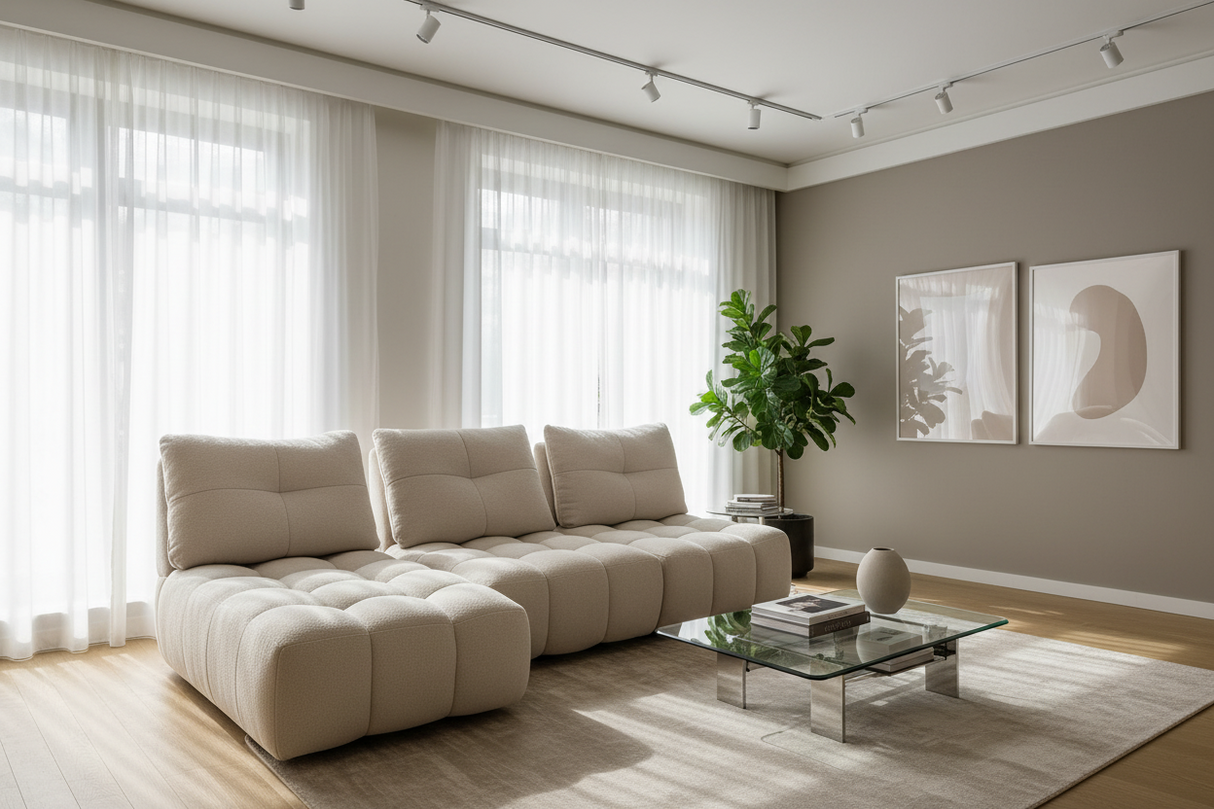 Canapé d'angle Cassia beige modulable avec dossiers avance-recule - vue showroom