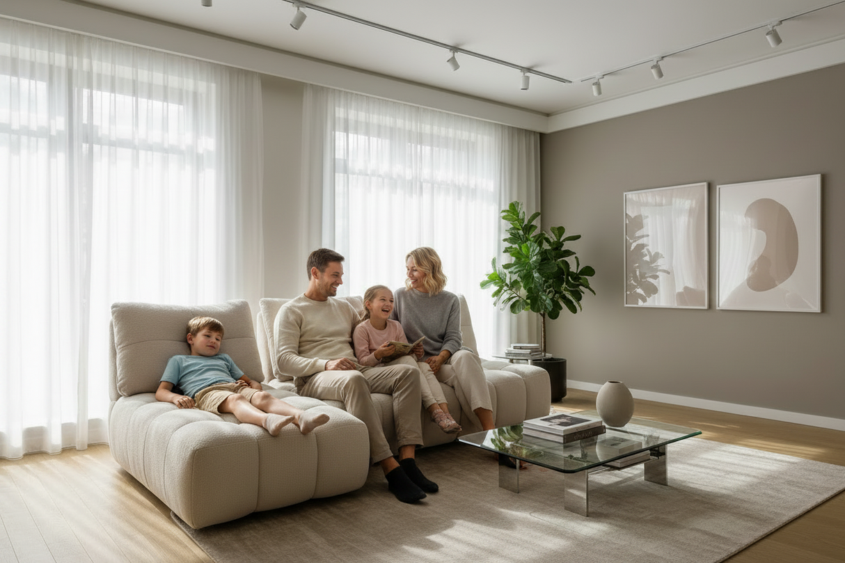 Canapé d'angle Cassia beige modulable avec dossiers avance-recule - CONFORT LUXE
