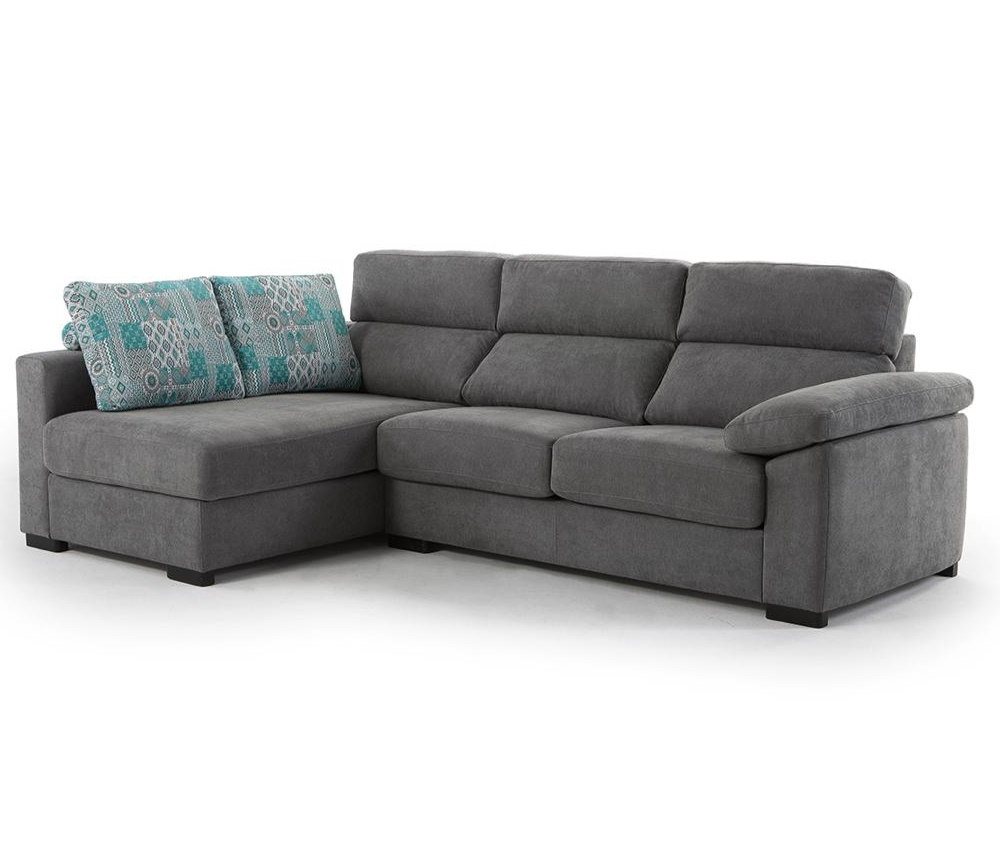 Canapé d’angle convertible Lea – vue 3/4 – méridienne à gauche - tissu gris - pieds bois noir