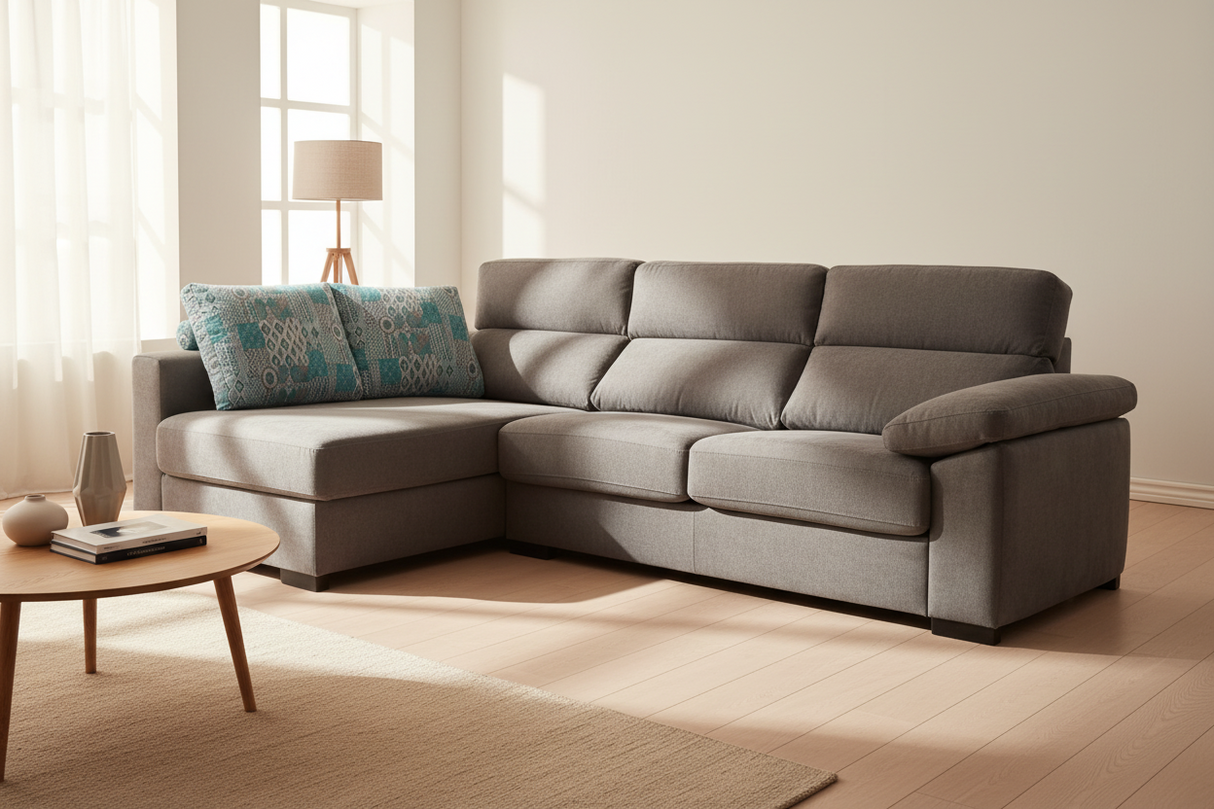 Canapé d’angle convertible Lea – vue 3/4 – méridienne à gauche - tissu gris - pieds bois noir