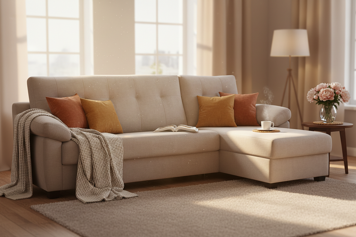 Détail du tissu beige du canapé Billy, texture douce et résistante, finition haut de gamme pour salon contemporain.