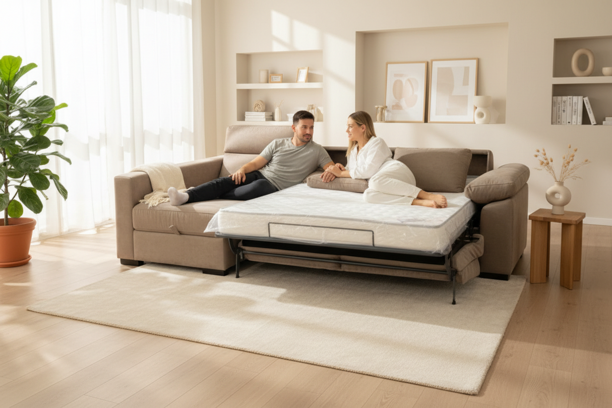 Canapé d'angle convertible système rapido Lea avec coffre et méridienne taupe