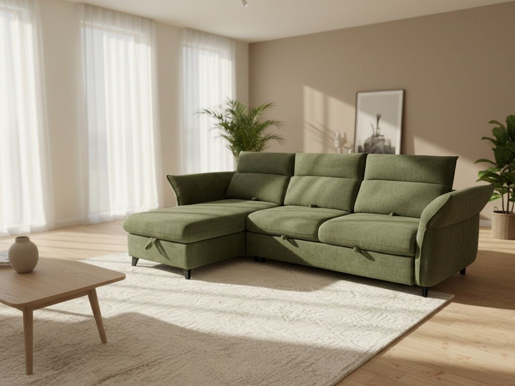 canapé d'angle convertible coffre méridienne vert en tissu
