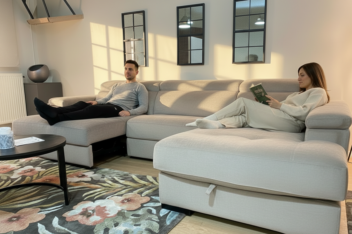 Couple se relaxant sur le canapé d'angle Maggy en velours gris - homme utilisant l'assise coulissante déployée, femme sur la méridienne