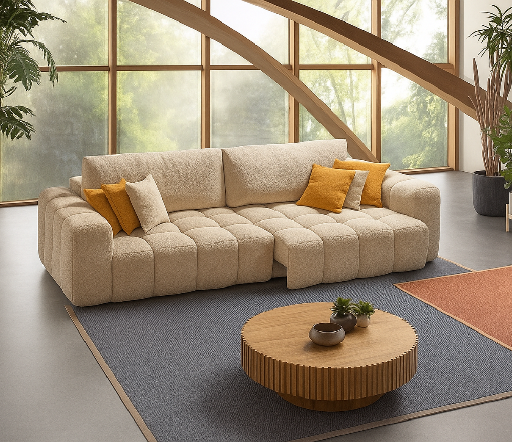 Canapé droit EloÏse assises coulissantes electrique - tissu bouclette beige