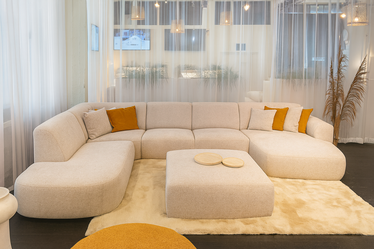 canapé d'angle panoramique beige en tissu